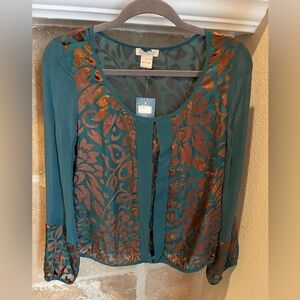NWT Lucky Brand Teal Gold Velvet Burnout Paisley Scroll Prairie Blouse Boho S